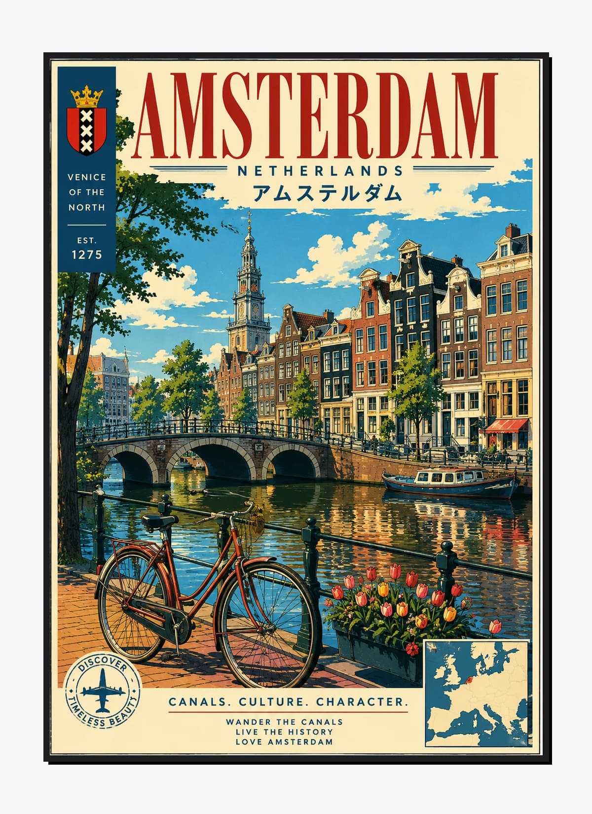 Amsterdam Retro Anime Travel Poster Mockup