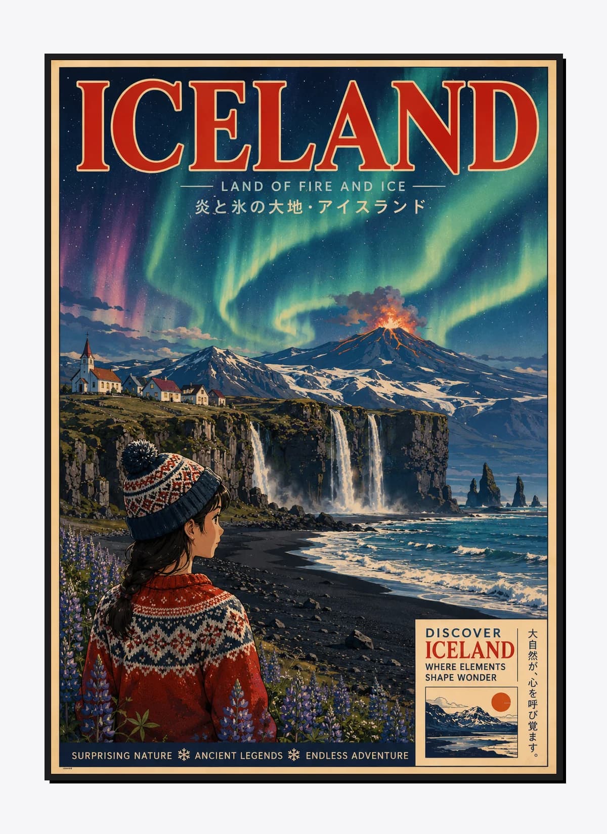 Iceland Retro Anime Travel Poster Mockup