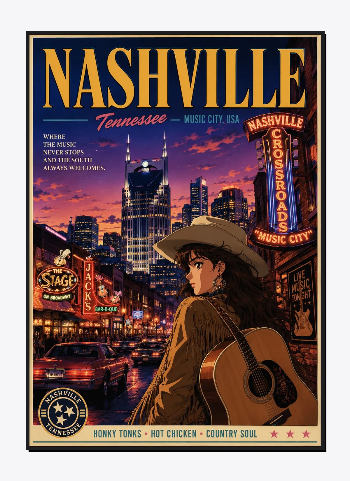 Nashville Retro Anime Travel Poster Mockup