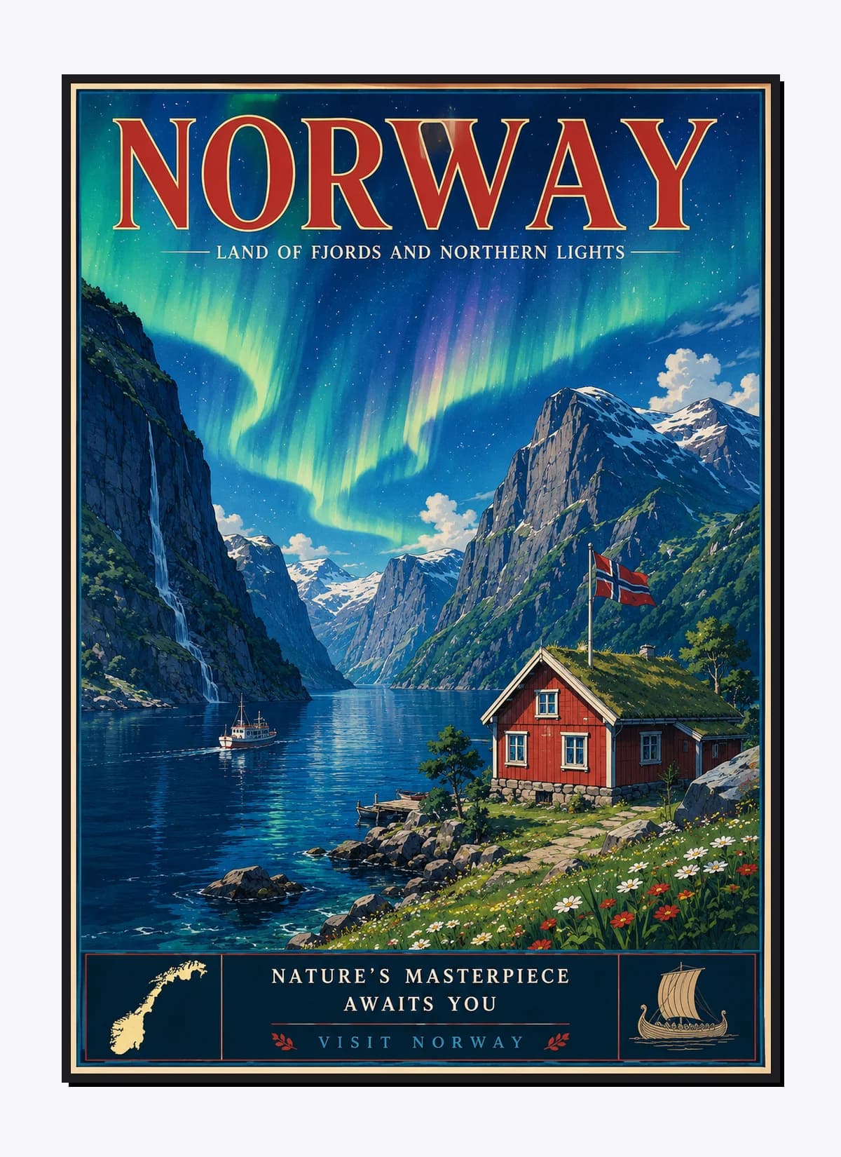 Norway Retro Anime Travel Poster Mockup