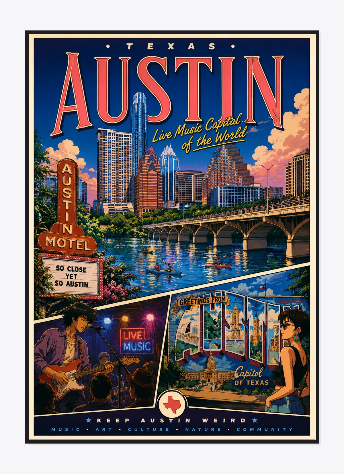 Austin Retro Anime Travel Poster