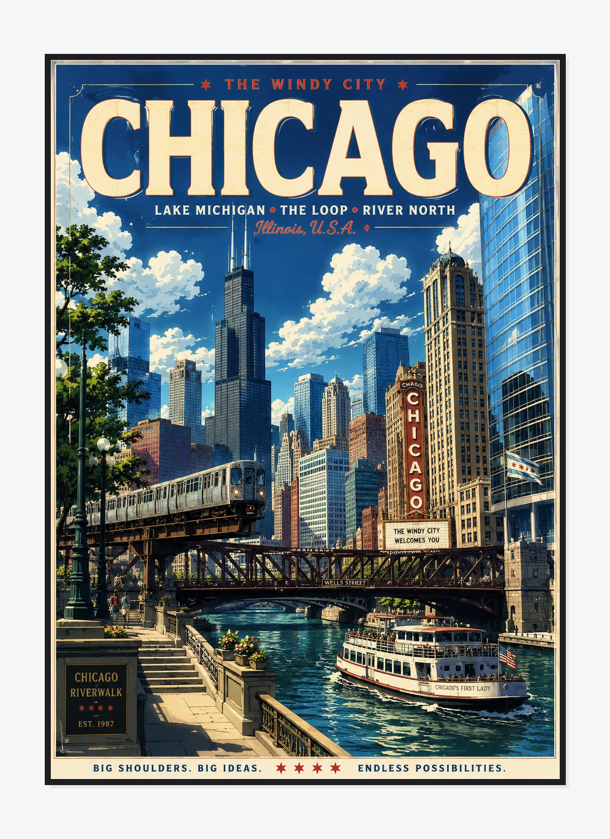 Chicago Retro Anime Travel Poster