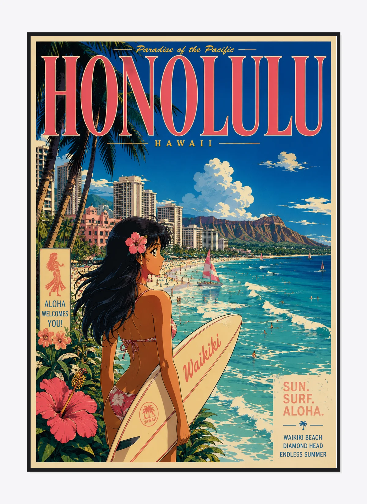 Honolulu Retro Anime Travel Poster