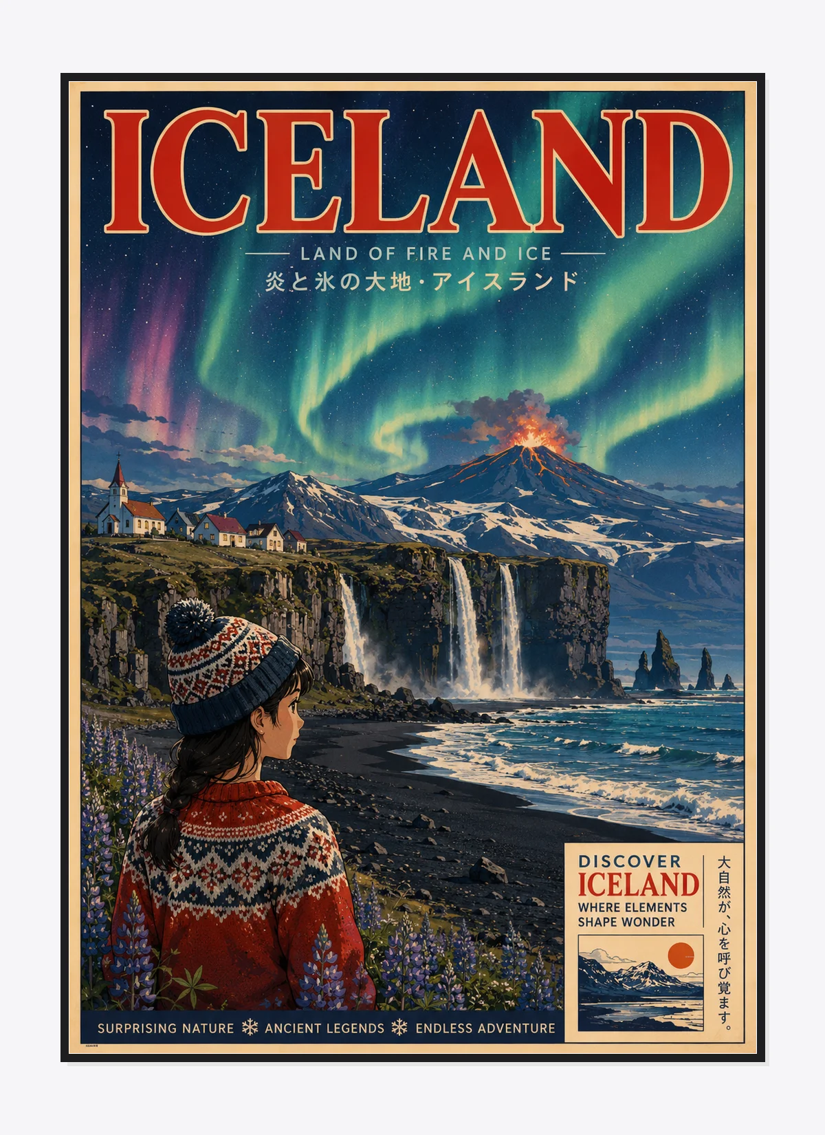 Iceland Retro Anime Travel Poster