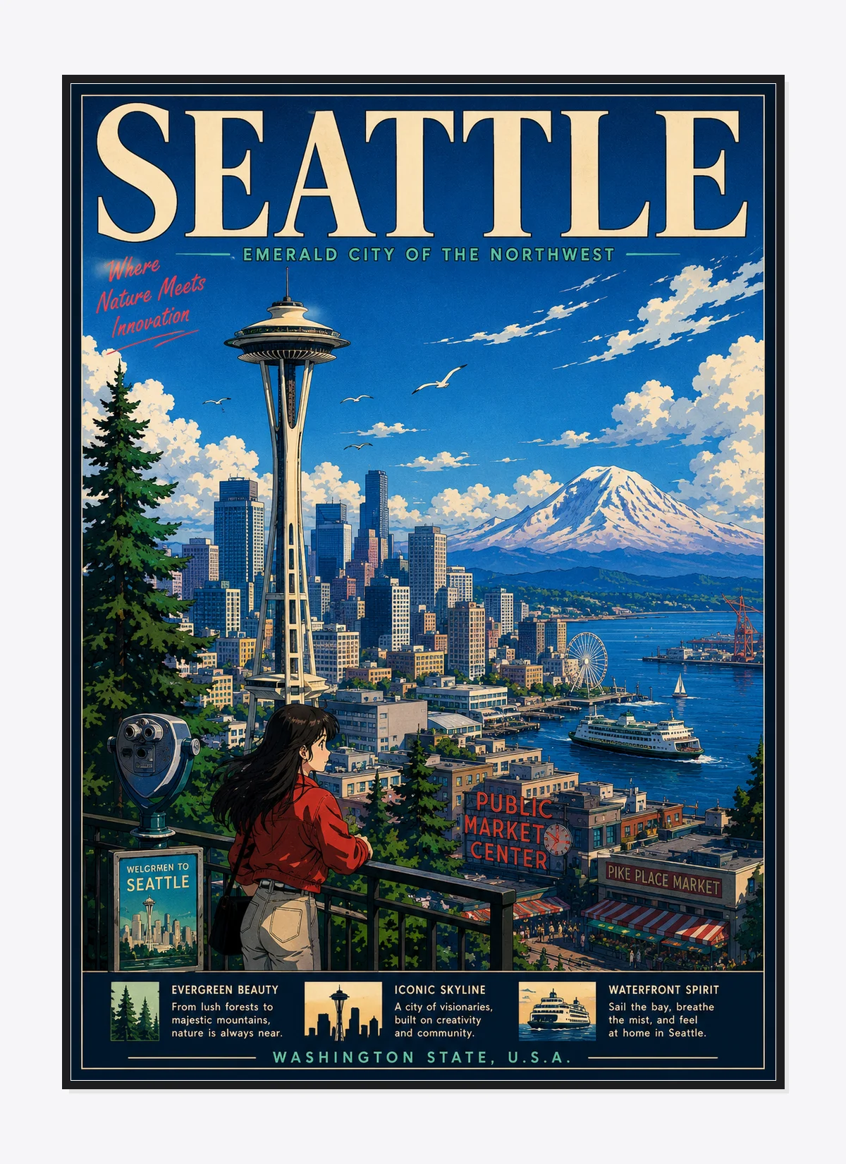 Seattle Retro Anime Travel Poster