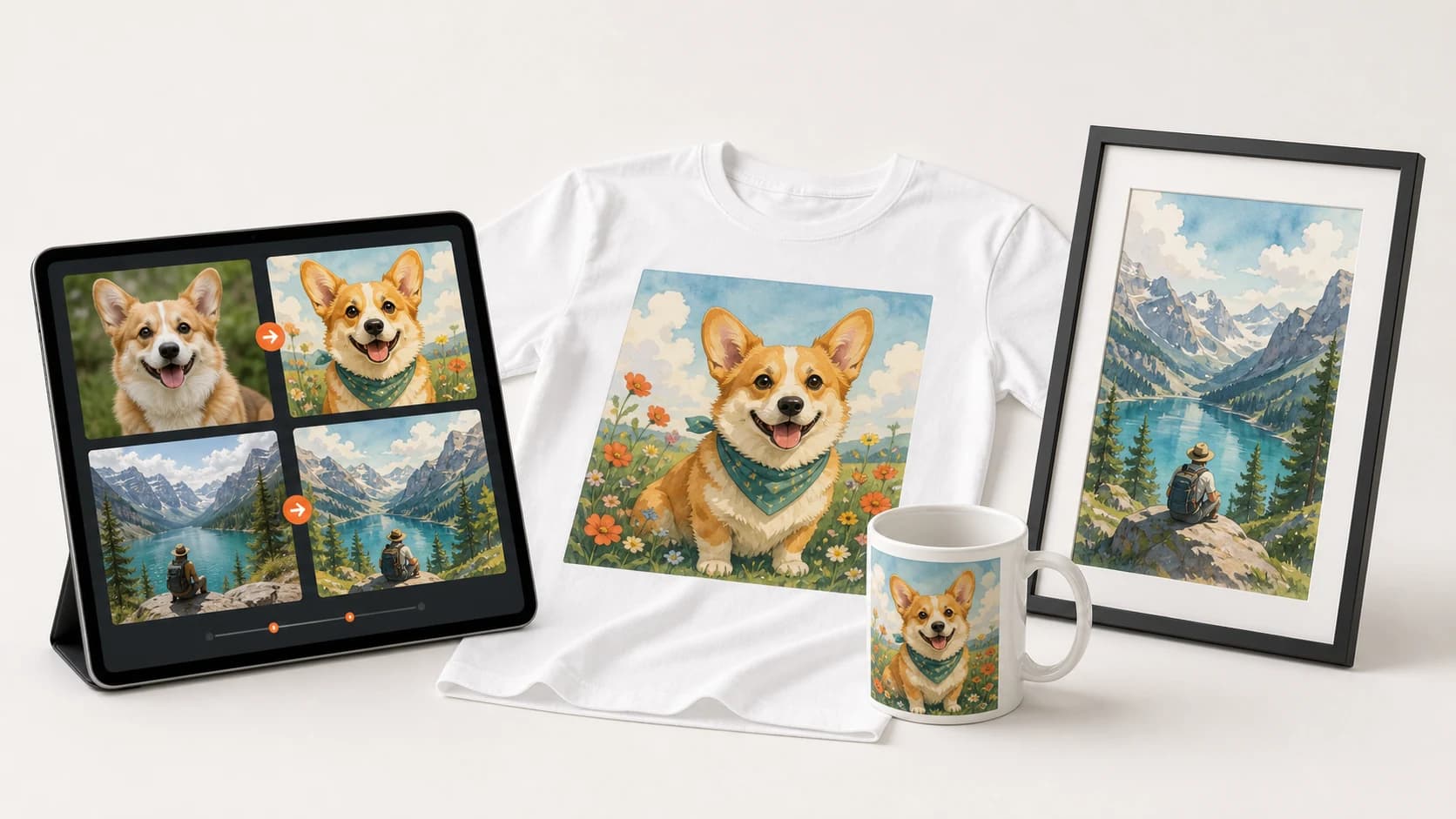 Artomize AI art gift studio showing custom pet art on a t-shirt, mug, framed poster, and tablet preview