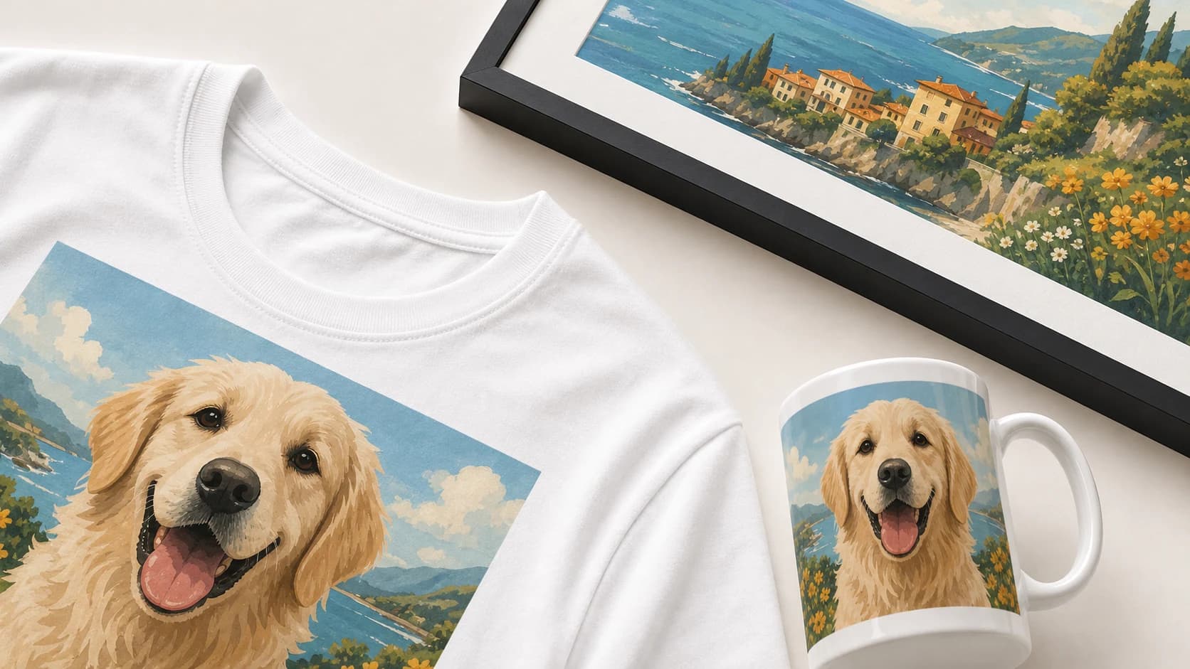 Close-up of personalized AI artwork printed on a cotton t-shirt, ceramic mug, and framed art poster