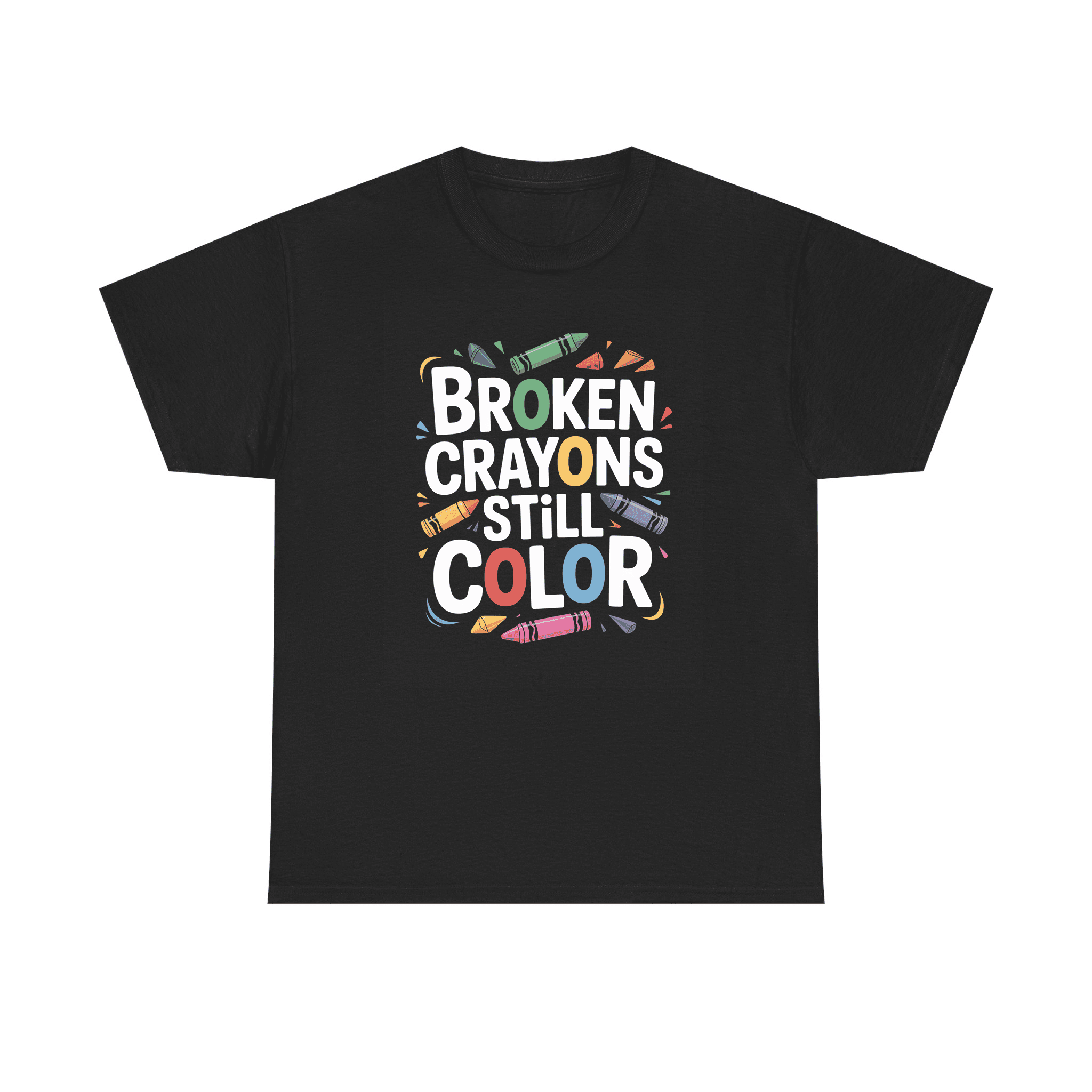 Black t-shirt with Broken Crayons Still Color design
