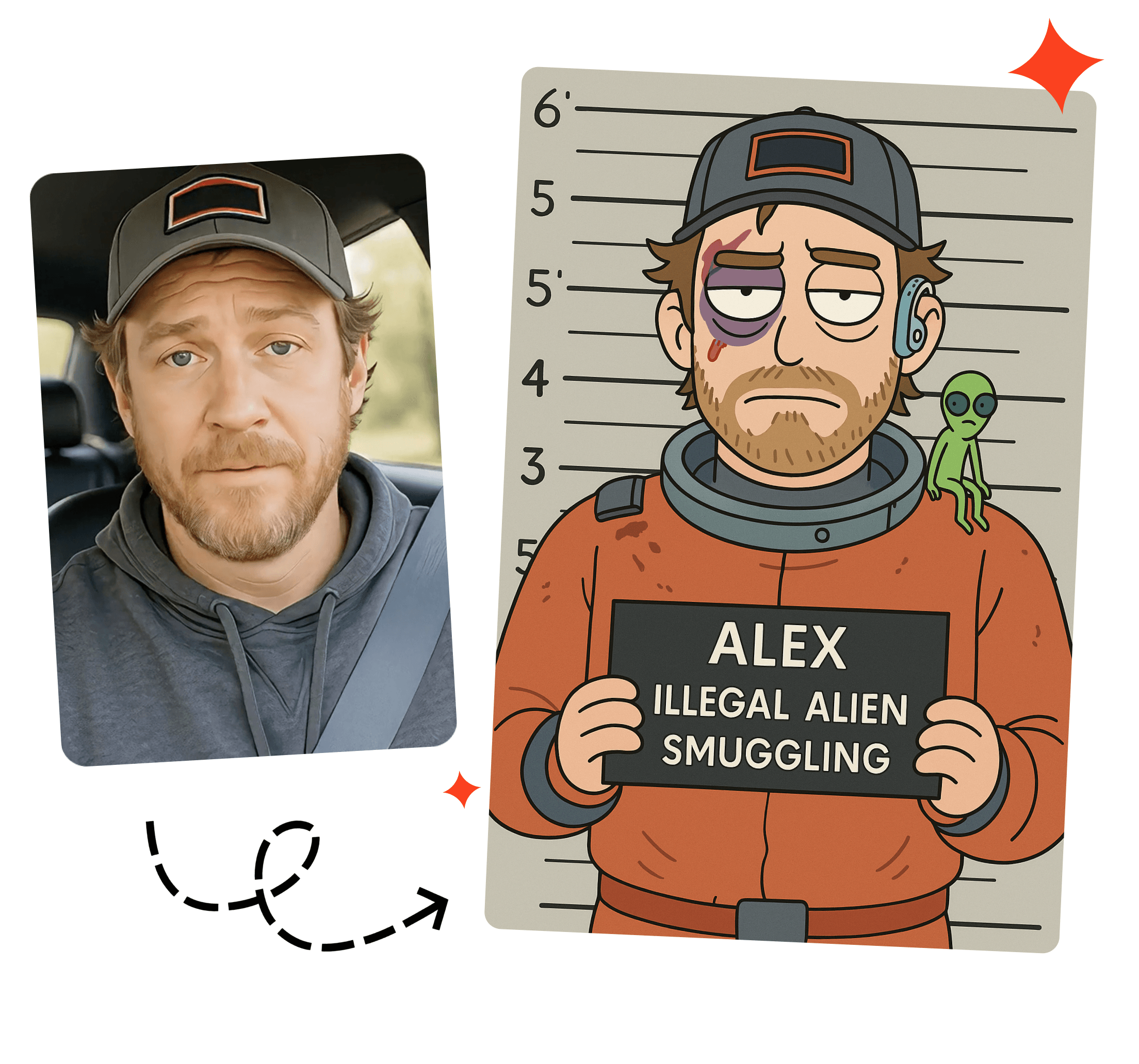 Galactic mug shot AI generation before and after comparison