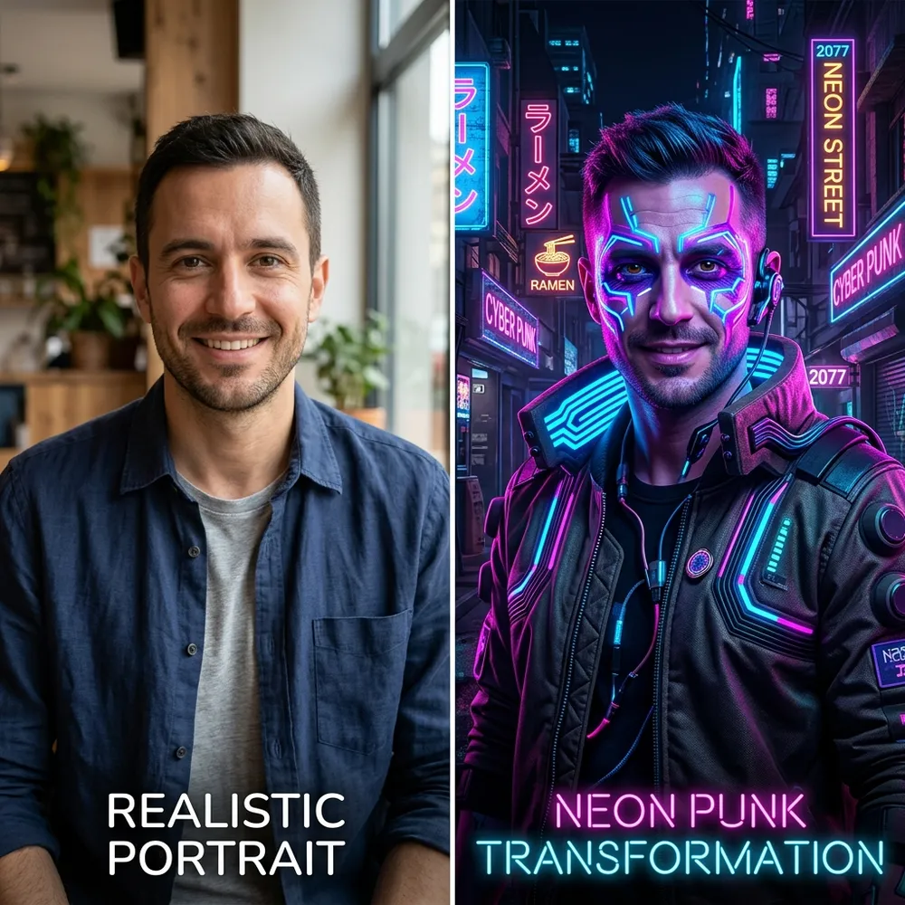 Neon Punk AI generation before and after comparison