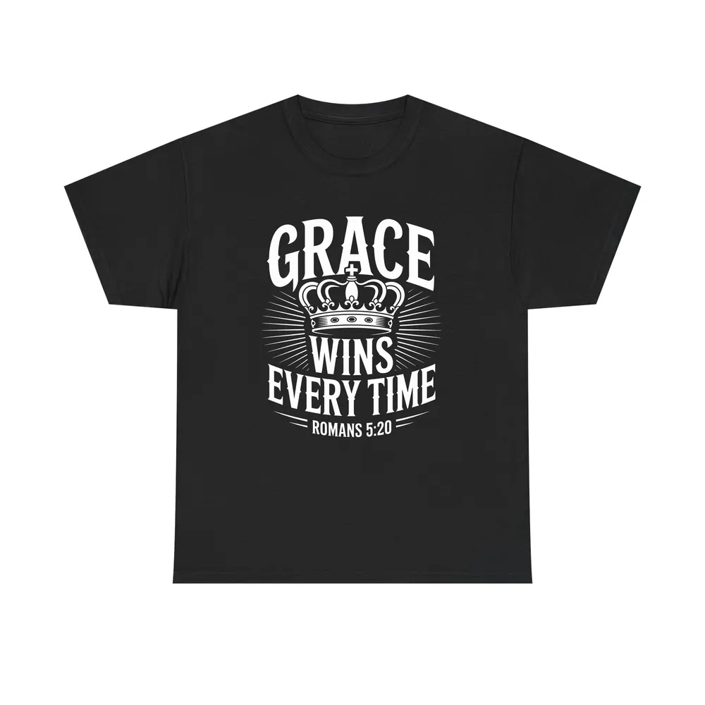 Christian graphic t-shirt in black featuring a crown design and the words “Grace Wins Every Time – Romans 5:20”.