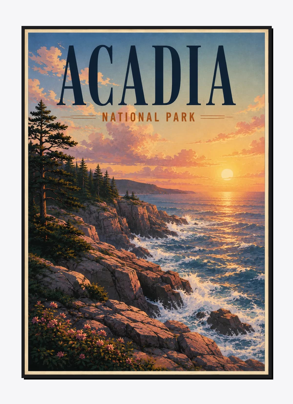 Acadia National Park Retro Anime Travel Poster Mockup
