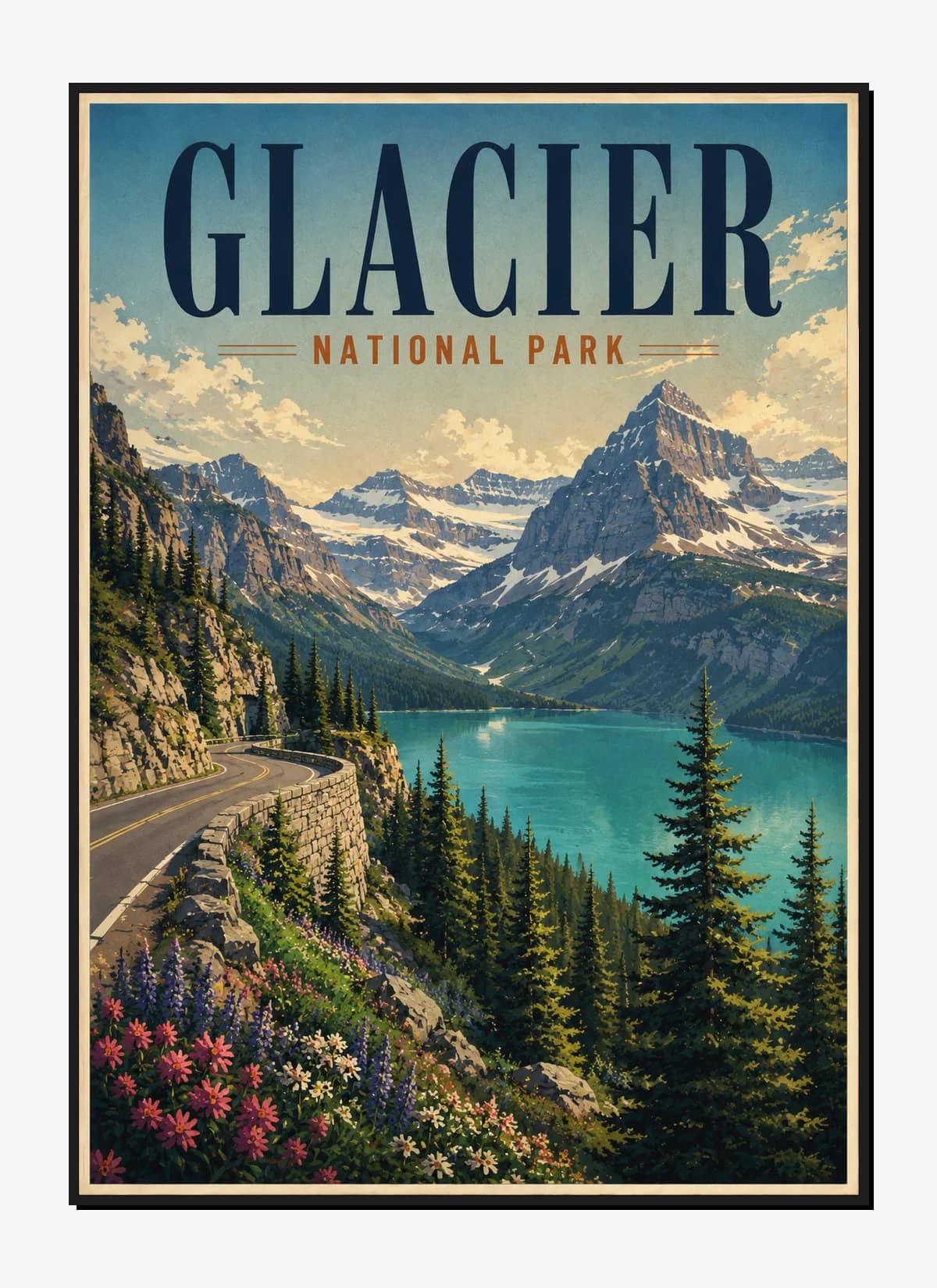 Glacier National Park Retro Anime Travel Poster Mockup