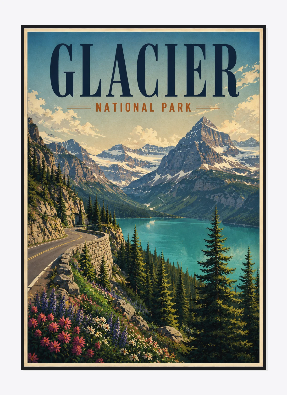 Glacier National Park Retro Anime Travel Poster