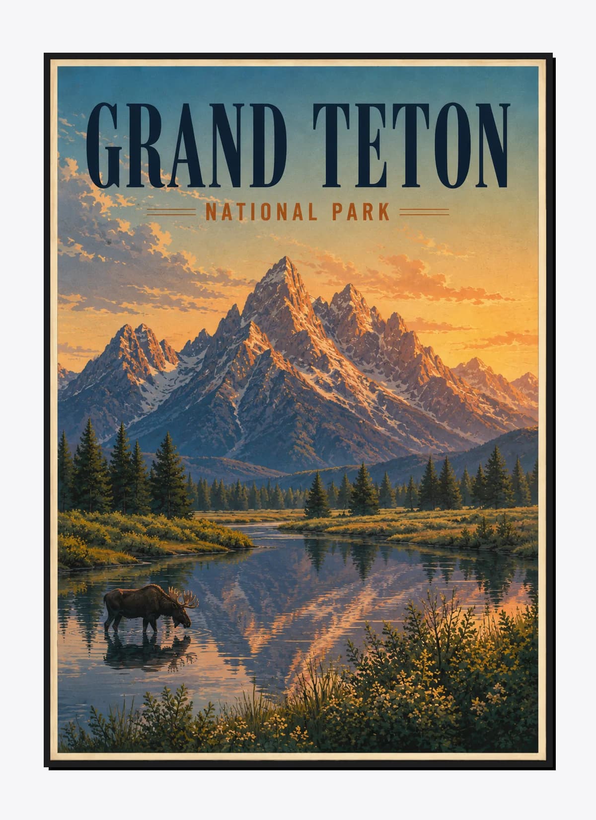 Grand Teton National Park Retro Anime Travel Poster Mockup