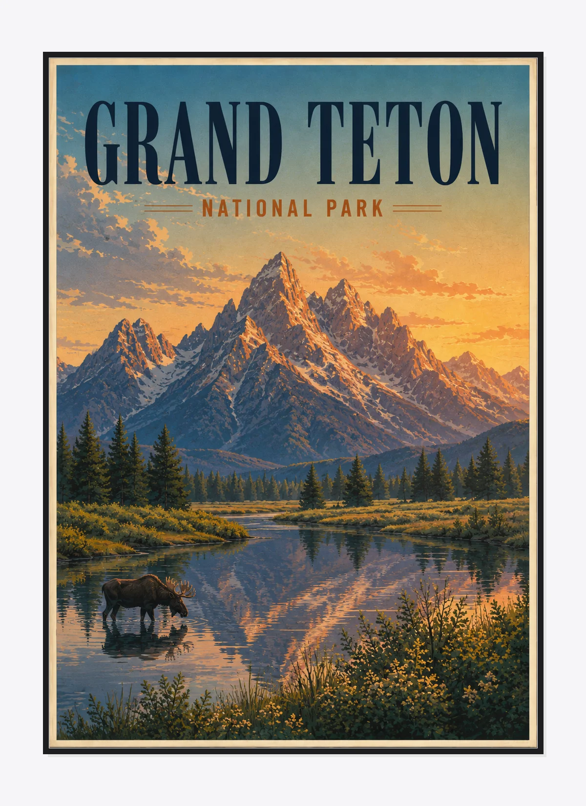 Grand Teton National Park Retro Anime Travel Poster