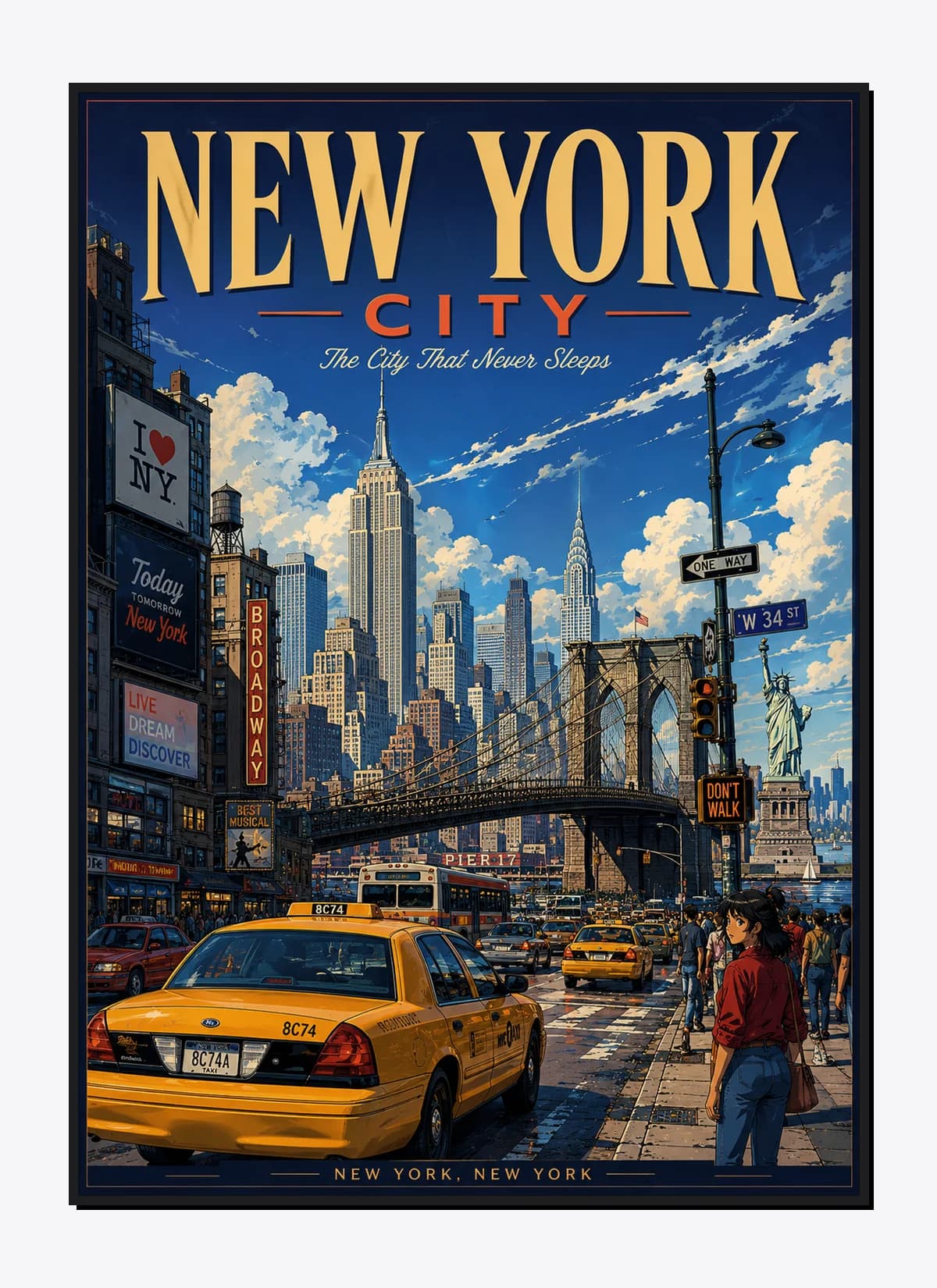 New York City Retro Anime Travel Poster Mockup