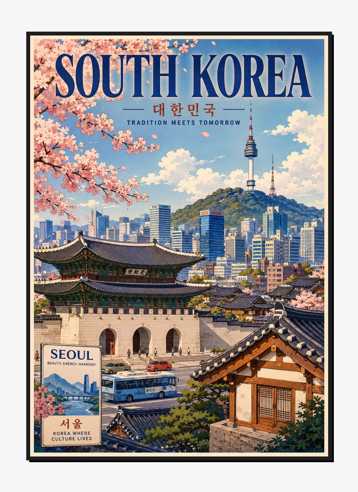 South Korea Retro Anime Travel Poster Mockup